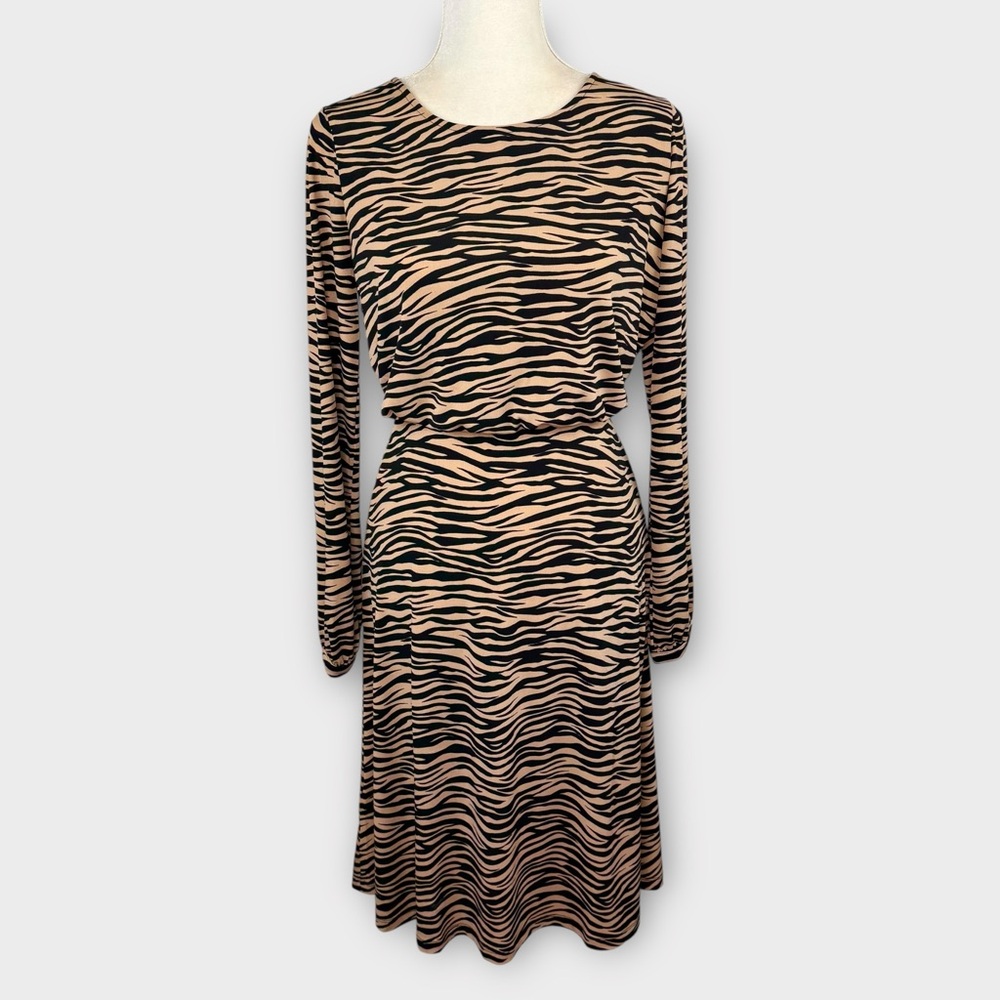 LOFT Tan Zebra Print Long Sleeve Fit & Flare Dress 4 Sleek Slinky Chic NWT